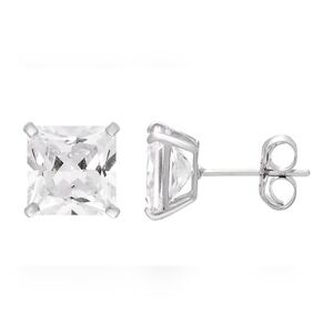 Solid 14k White Gold 6mm Princess Cut Cz. Stud Earrings New In Box